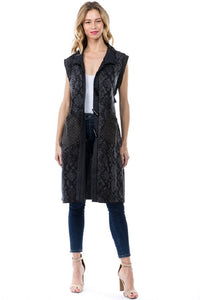 Women's Black/Blue Snake Print Cardigan Vest with Pockets