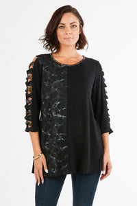 Women's Knit Patchwork Cutout Tunic Top with Round Neck