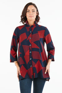 Women's Geometric Navy/Red 3/4 Sleeves Button-Down Top Jacket