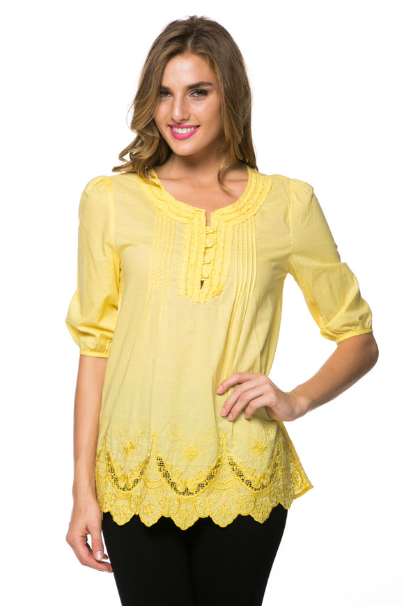 Women's Yellow Cotton Lace Cutout Embellished Blouse Top