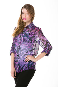 Women's Animal Print Button-Down Roll-Up Blouse Top