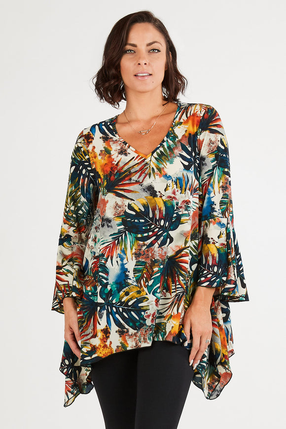 Women's Tropical Print V-Neck Bell Sleeves Tunic Top