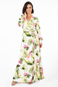 DR-02213 Women's Tropical Printed Wrap Long Maxi Dress with Belt