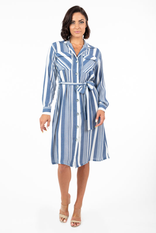 DR-02233 Women's Striped Button-Up Long Sleeve Dress with Pockets