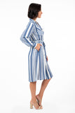 DR-02233 Women's Striped Button-Up Long Sleeve Dress with Pockets