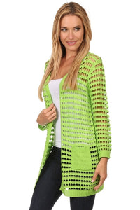 Women's Crocheted Solid Color Open Front Cardigan with Pockets