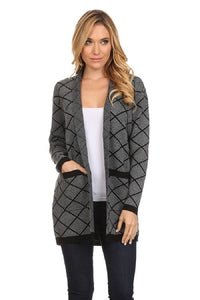 Women's Shawl Collar Knitted Geometric Cardigan Long Sleeve Sweater - ShopWayMore