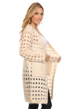CRD-02364 Women's Knitted Solid Punched Hole Open Front Cardigan