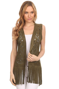 CRD-02388 Women's Faux/Suede Fringed Cutout Cardigan Vest