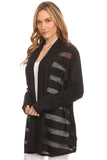 Women's Solid Color with Mesh Striped Details Open Front Cardigan