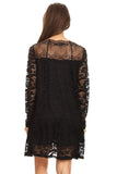 DR-02112 Women's Black Lined Lace Long Sleeves Mini Dress One Size Fits Most