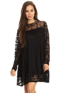 DR-02112 Women's Black Lined Lace Long Sleeves Mini Dress One Size Fits Most