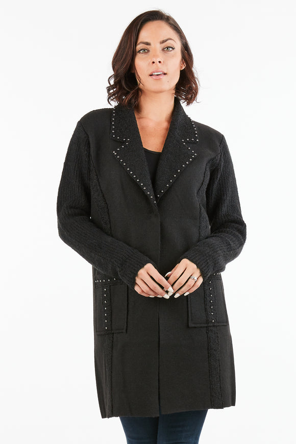 Women Black Faux/Suede Sherpa Embellished Cardigan with Pockets