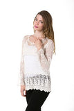 Women's Off White Lace Long Sleeve Round Neck Tunic Blouse