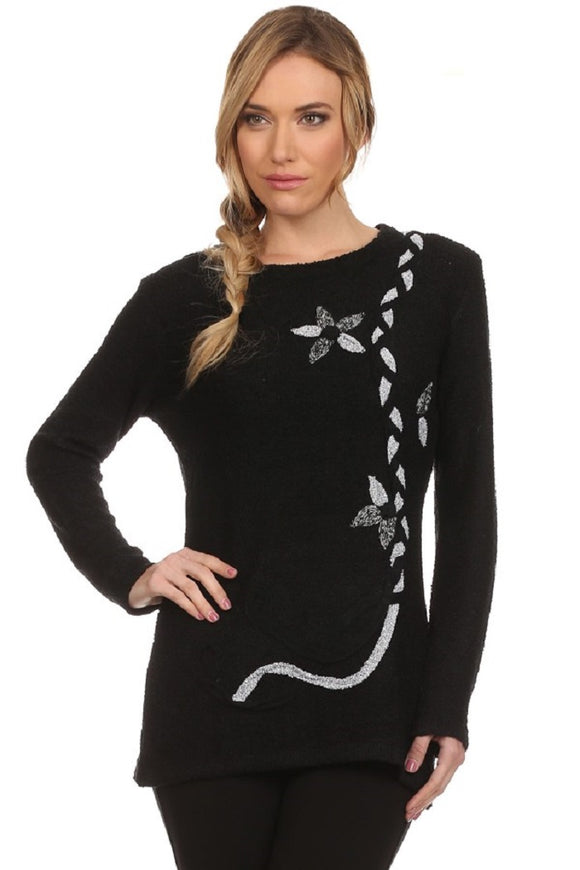 Women's Floral Embroidered Round Neck Knit Pullover Sweater Top - ShopWayMore