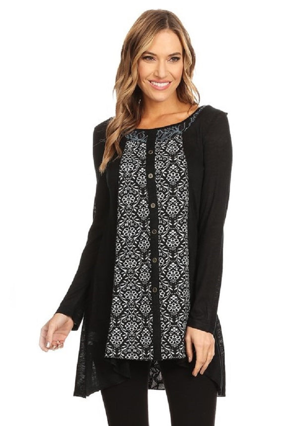 Women's Knit Black/Blue Lace Long Sleeves Tunic Top