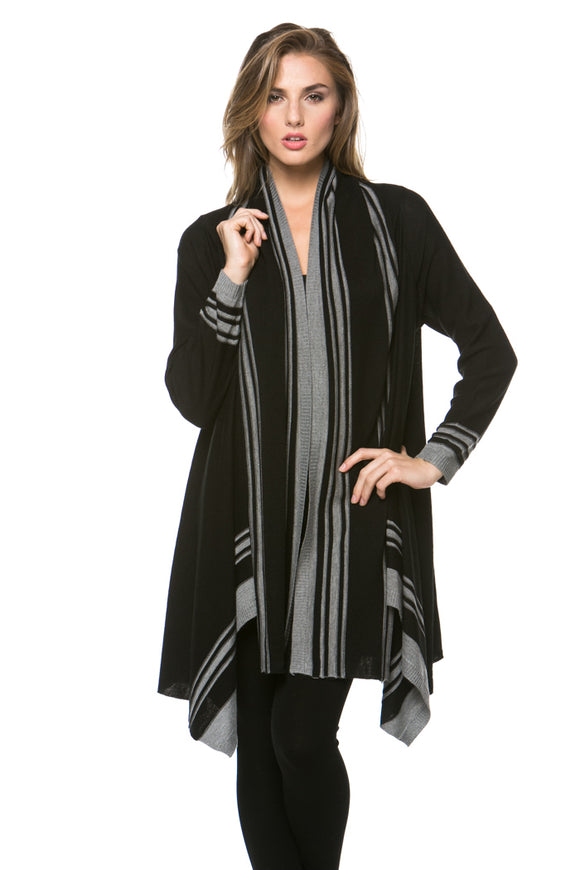 Women's Striped Knitted Draped Open Front Cardigan