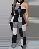 One Shoulder Checker Jumpsuit