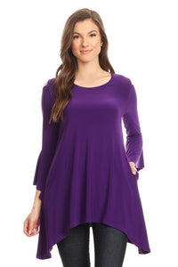 BTT-02136 Women's Purple Round Neck Bell Sleeves Tunic Top