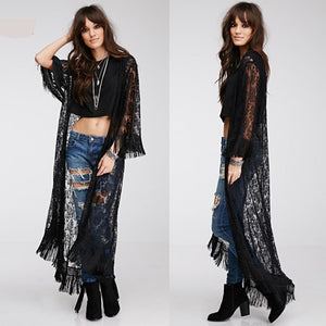 Long Maxi Dress with Fringe on sleeves and Bottom