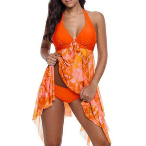 Two Piece Bikini Flower Print Halter Backless Women Swimdress Briefs